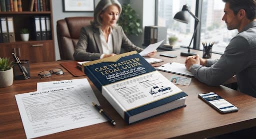 Two people signing vehicle transfer paperwork across a desk